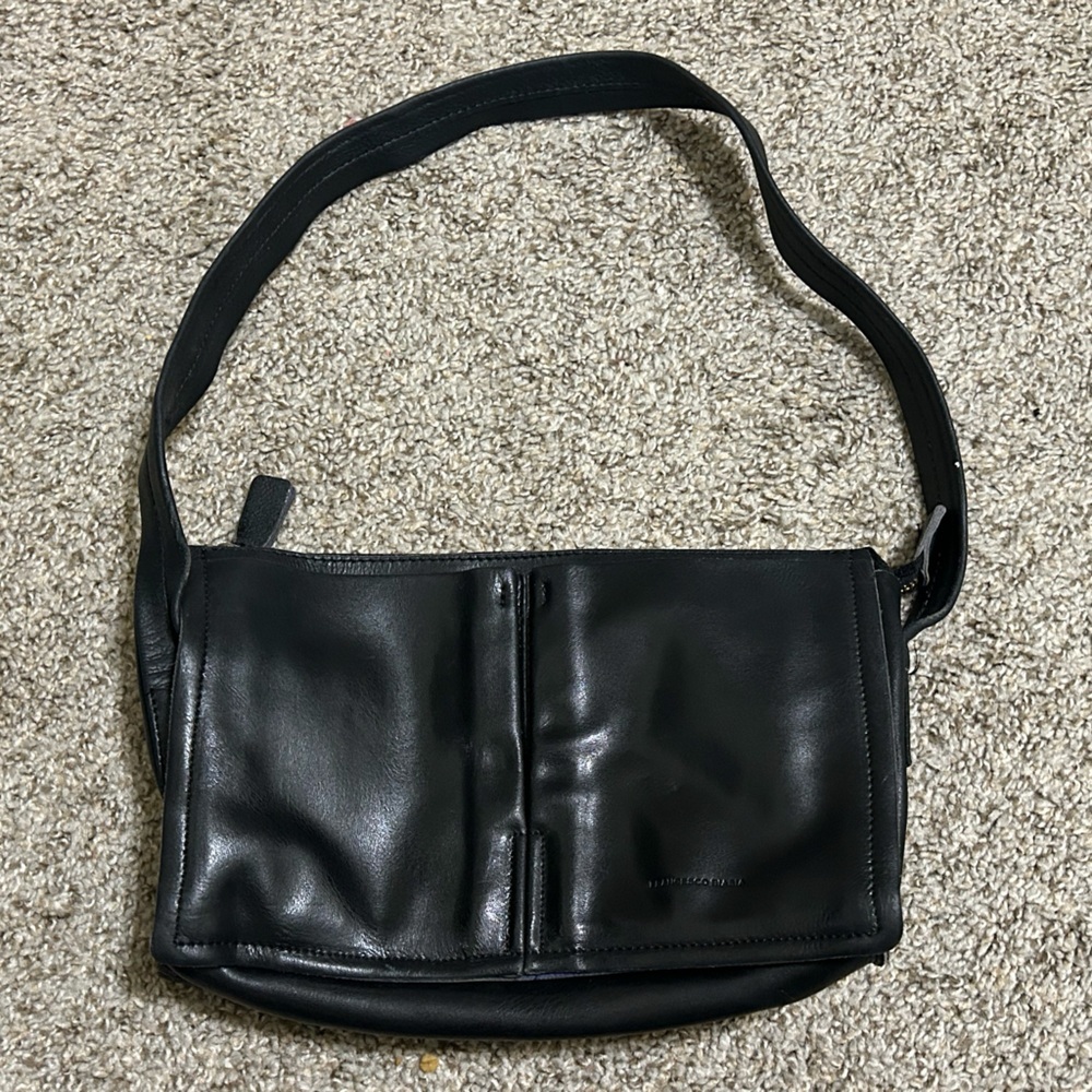Francesco Biasia Split Leather Shoulder Bag Zip Up Pockets Black Blue Italy Made